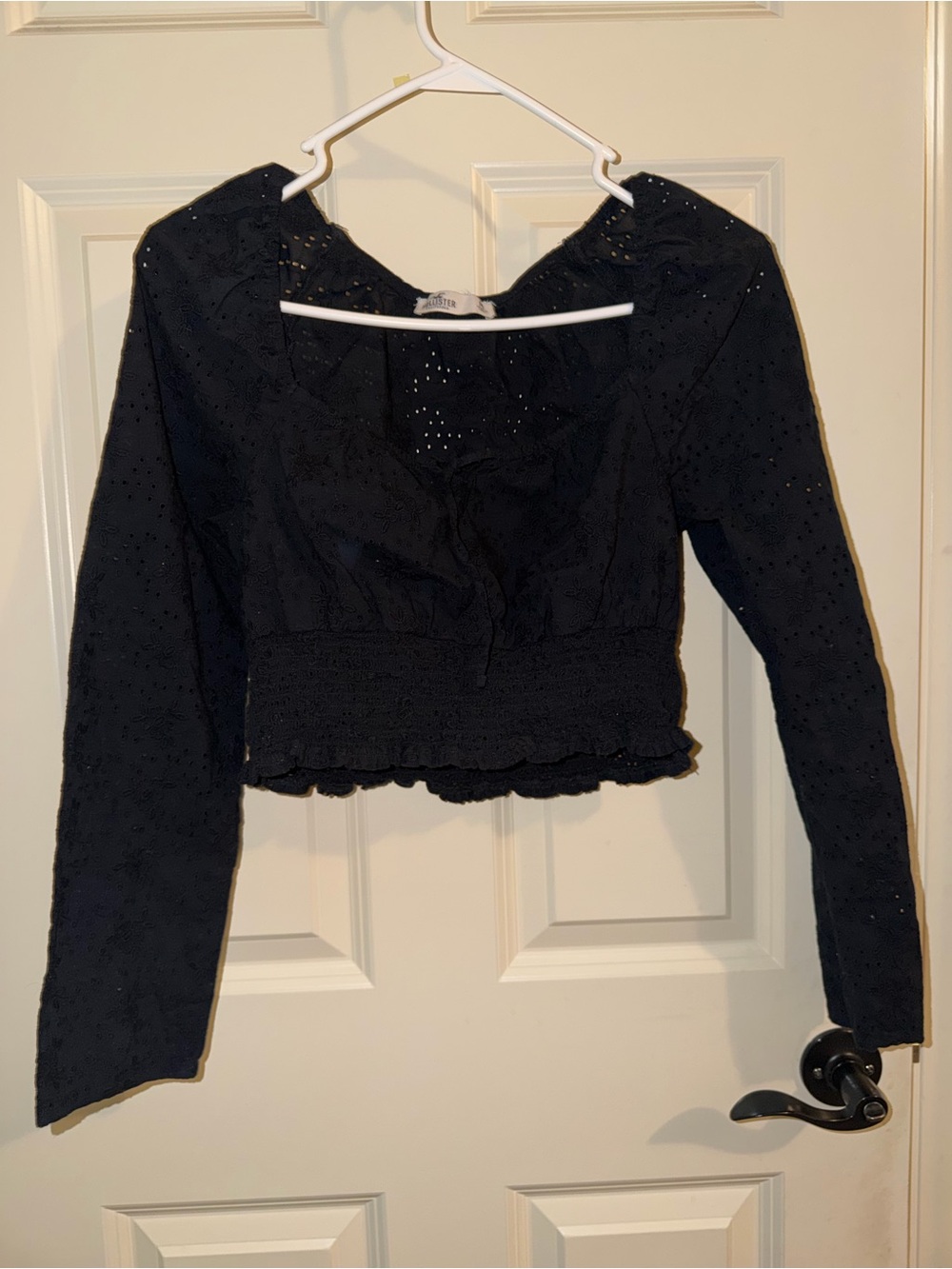 Women's Hollister Black Eyelet Long-Sleeve Smocked Waist Top